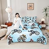 Erosebridal Dirt Bike Bedding Set Twin Size, Extreme Sport Comforter Set for Kids Boys Teens, Motorbike Sport Quilted Comforter Motocross Rider Bedding Comforters 2 Pieces with 1 Pillow Case, Blue