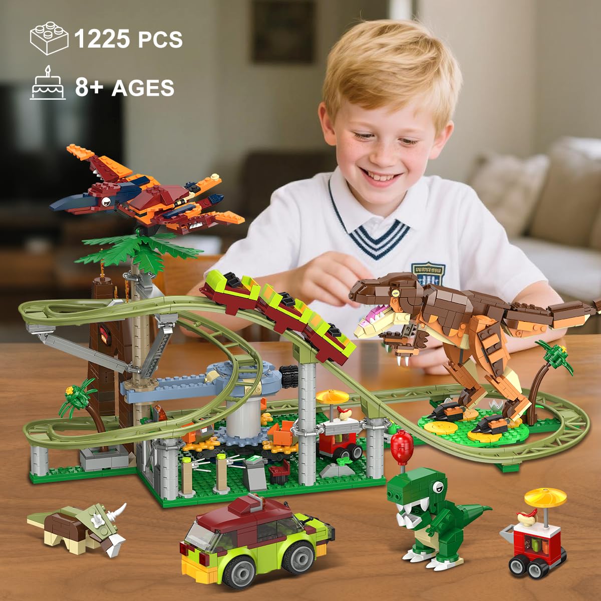 HOGOKIDS Dinosaurier Achterbahn Bausteine Spielzeug – 1222pcs Achterbahn Bauspielzeug mit 4 Dinosauriern, Geländewagen, Dinosauriermodellen, Geschenk für Erwachsene, Mädchen Jungen ab 8 Jahren 6