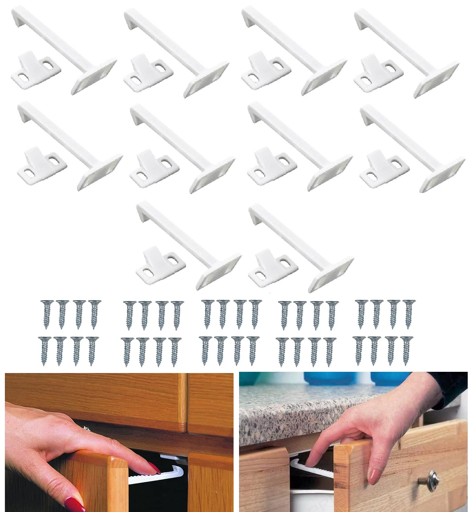 TERF® White Child Safety Catch Lock Cupboard Door Drawer Cabinet Kitchen Bathroom Baby Safety Catch Lock For Children including Fixing Screw - Pack of 10