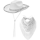 Western Cowboy Hat and Bandana Set Wide Brim with Sequins Cowgirl Hats & Tassel Scarf for Cosplay Party Dress Up