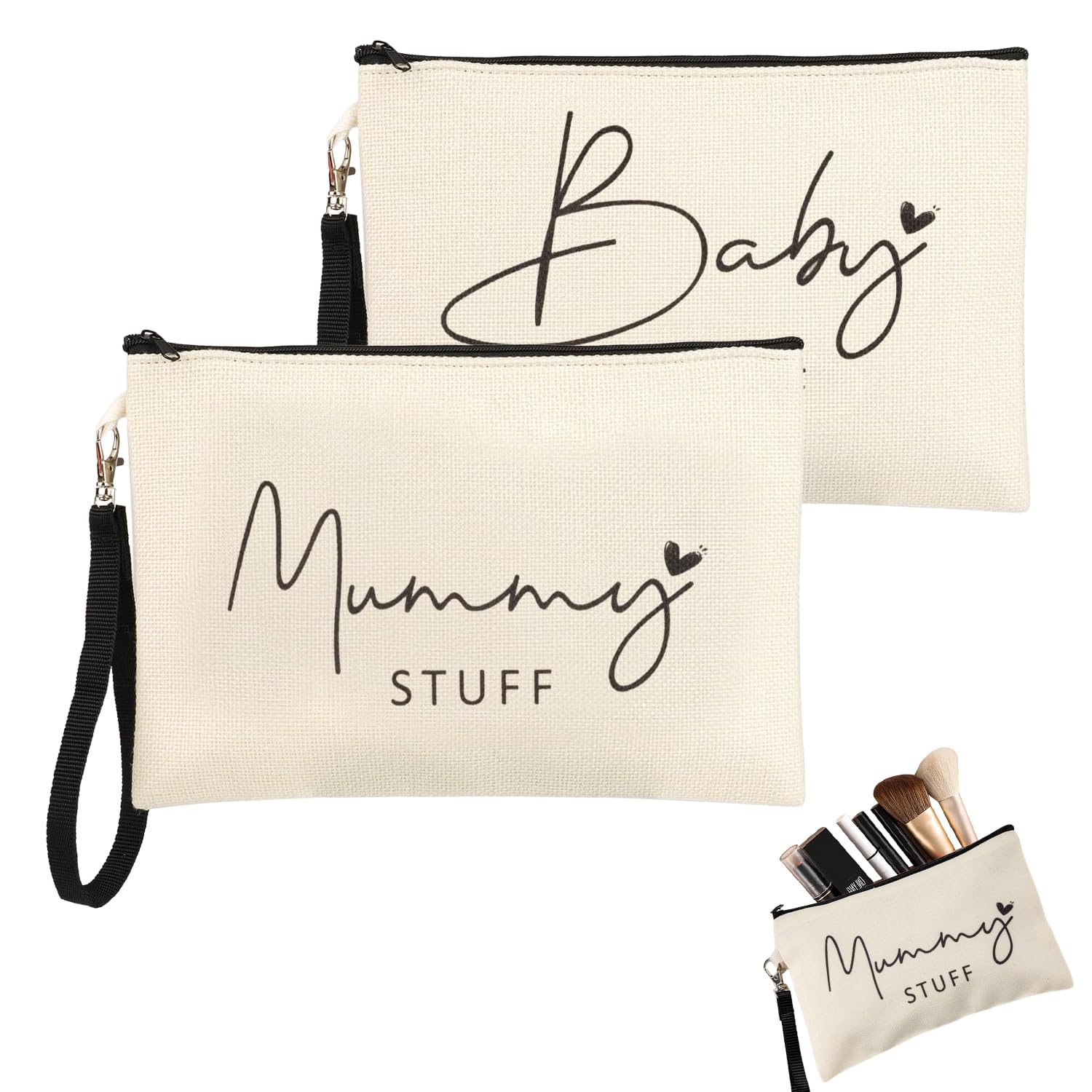 2 PCS Portable Gifts for Mum to Be: Canvas Cosmetic Bags with Zipper for Baby Shower