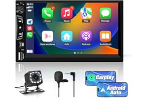 Pyniro Double Din Car Radio with 7" Touchscreen, Wireless CarPlay & Android Auto, Backup Camera, Bluetooth, External Mic/USB/