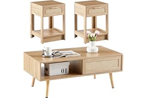 YOUGUO Rattan Coffee Table and Nightstand Set, 3-Piece Wood Living Room Table Set Includes 1 Boho Coffee Table & 2 End Tables, Sets for Living Room Accent Furniture
