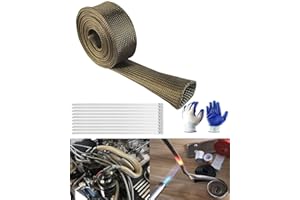 QINTISOY Spark-Plug Wire Heat Shield Sleeve - 1"ID X 10FT 2500F Fiberglass Heat Wrap Shield Sleeve Cover Hose with 10 PCS 7.8 Inch Stainless Steel Zip Ties for Car & Auto Wire Loom Brake Cable, Titanium
