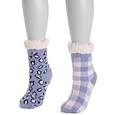 Muk Luks Women's Cabin Cozy Sock 2 Pairs Purple Polka Dots Pair Dot Plaid-L/XL S/M