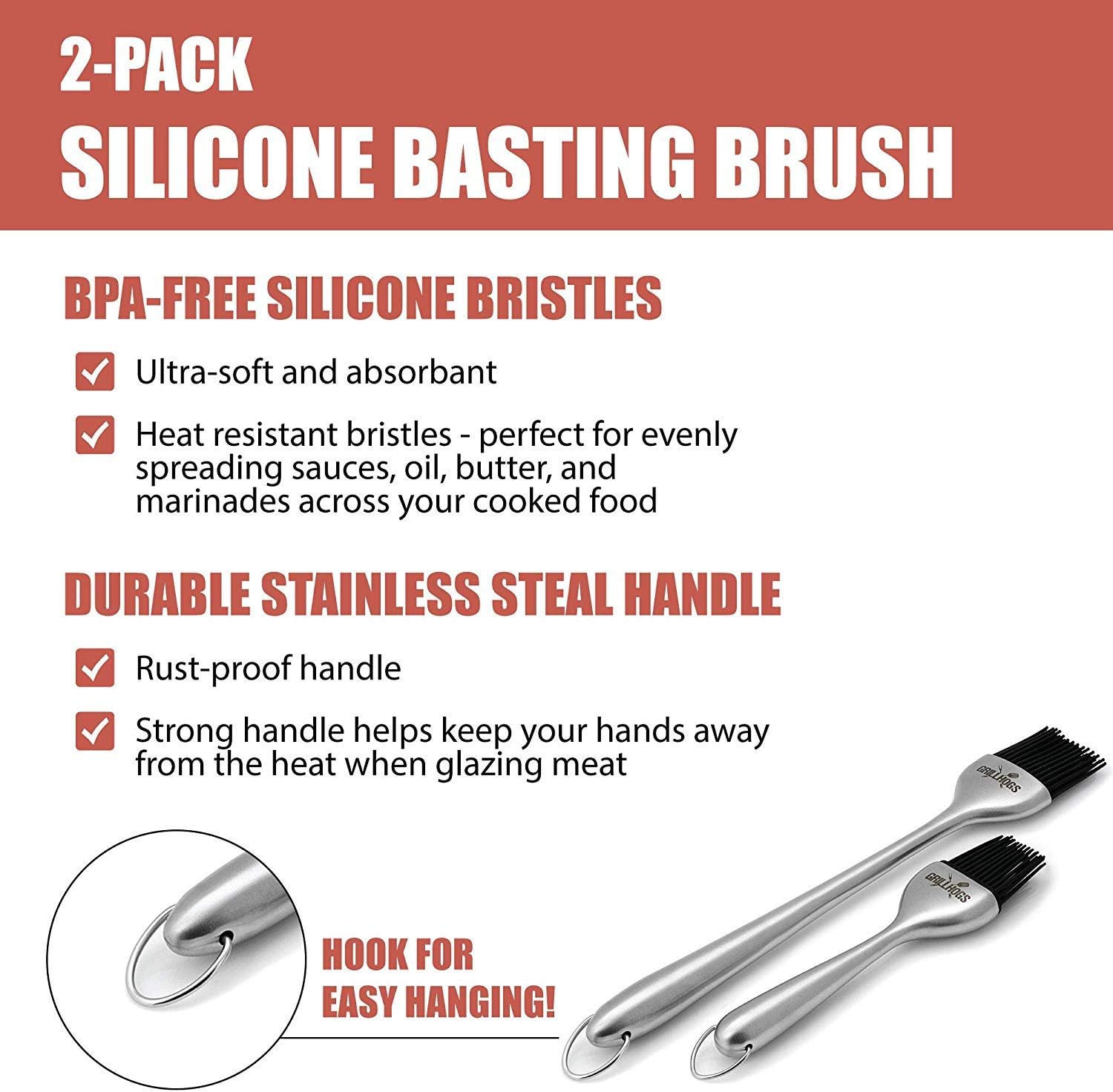 GRILLHOGS Silicone Sauce Basting Brush, Premium Stainless Steel Handles, Pastry & Barbecue Grilling, Dishwasher Safe & Heat Resistant, Set of 2 : Sauce Brush : Garden & Outdoor