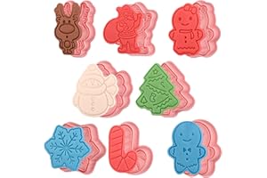 (Set of 8) Christmas Themed Cookie Cutters with Plunger Stamps Set, Gingerbread Boy/Girl, Snowflake, Christmas Tree, Snowman,