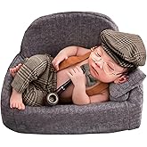 SPOKKI 4 Pcs Newborn Baby Photo Props, Lattice Rompers Suspender Pants with Beret Glasses Bow Tie for Infant Boys' Costumes, Newborn Boy Photography Outfit Set, Checked Fabric Gentleman Suit (Brown)