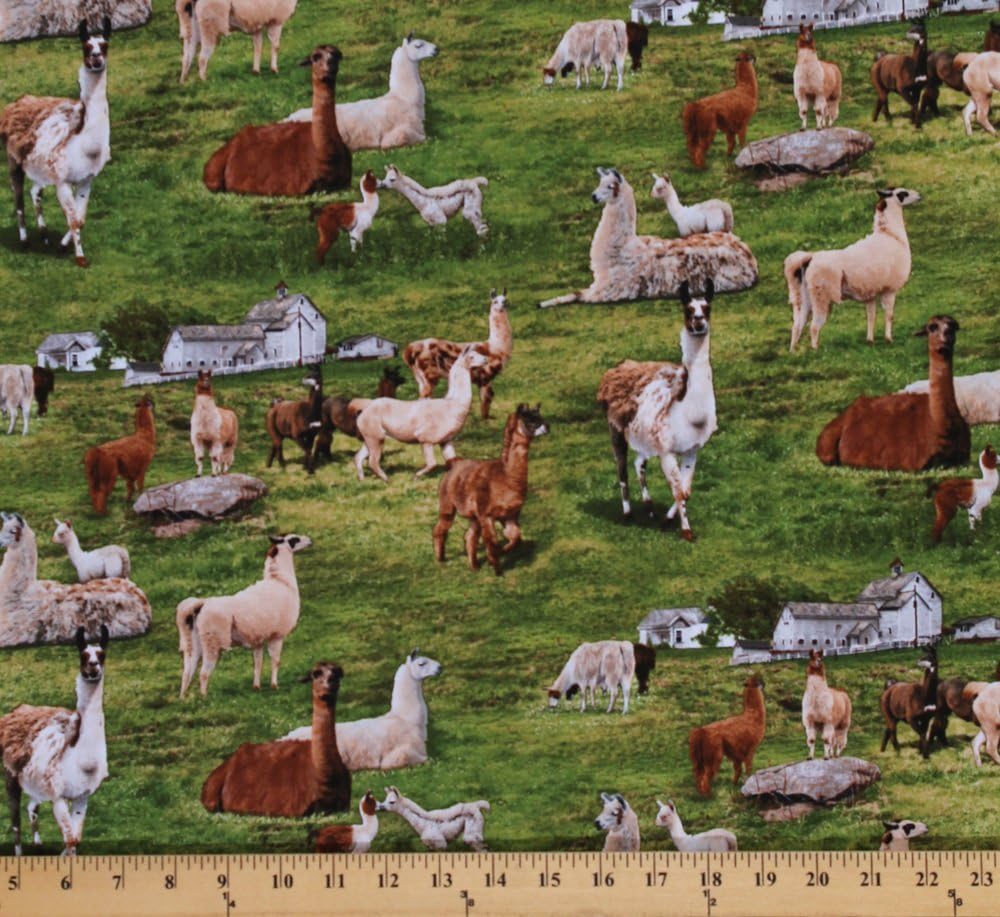Elizabeth Studios Cotton Farm Animals Realistic Llamas Cotton Fabric Print by The Yard D487.28
