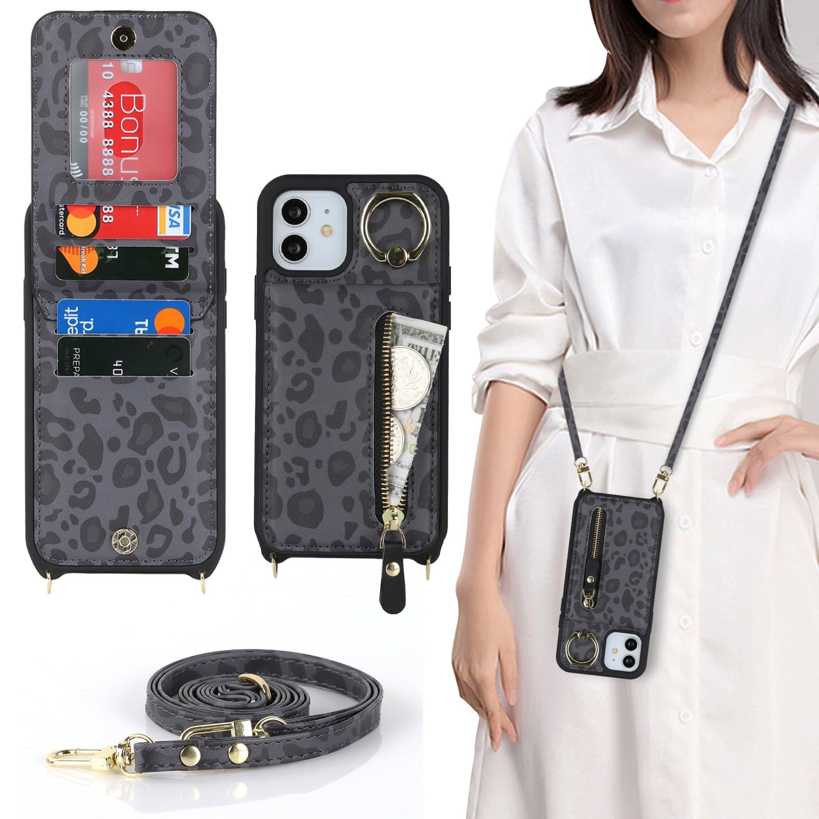 Zouzt for iPhone 12 Pro Max/iPhone 13 Pro Max 6.7 Inch Case with Cord and Card Holde, Zipper Wallet Case with Crossbody Lanyard Ring Adjustable Necklace Protective Cover Women - Black Leopard