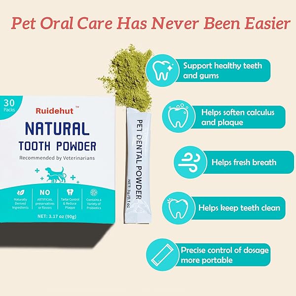 RUIDEHUT DOG TEETH CLEANING DENTAL POWDER – PLAQUE AND TARTAR REMOVAL – CLEAN TEETH, FRESHEN BREATH – CONTAINS PROBIOTICS – ADVANCED DENTAL CARE FOR DOGS AND CATS – 30 PACKS (90G)