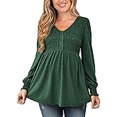 Women's Maternity Shirts V Neck Long Puff Sleeve Babydoll Top Casual Smocked Ruched Pregnancy Top with Button