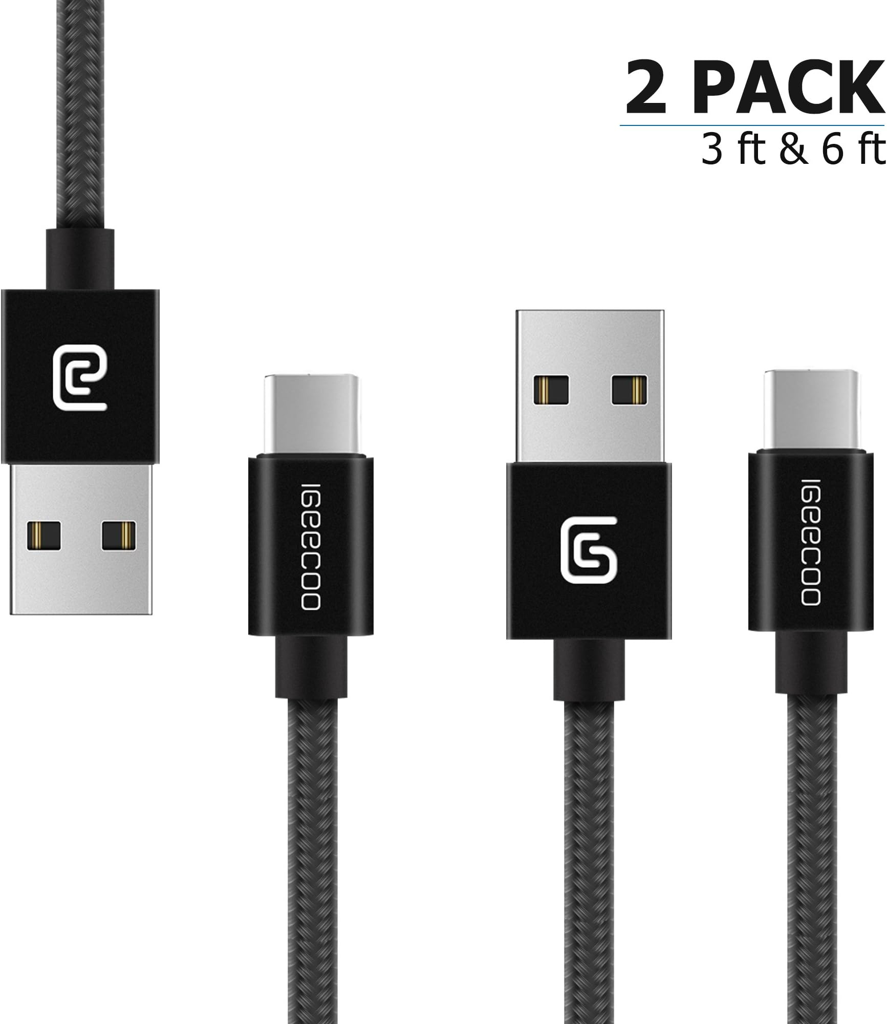 USB Type C Cable Nylon Braided Pack, IGeecoo 2-Pack (3ft & 6ft), Type C to USB 3.0 Charging Cables Fast Charger Cords for Samsung Note 8, Galaxy S8, S8+ and More with Wire Clips (Black)
