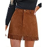 DERAX Women's Suede Fringe Mini Skirt High Waisted Tassel Western A Line 2026 Spring Short Skirts with Pockets