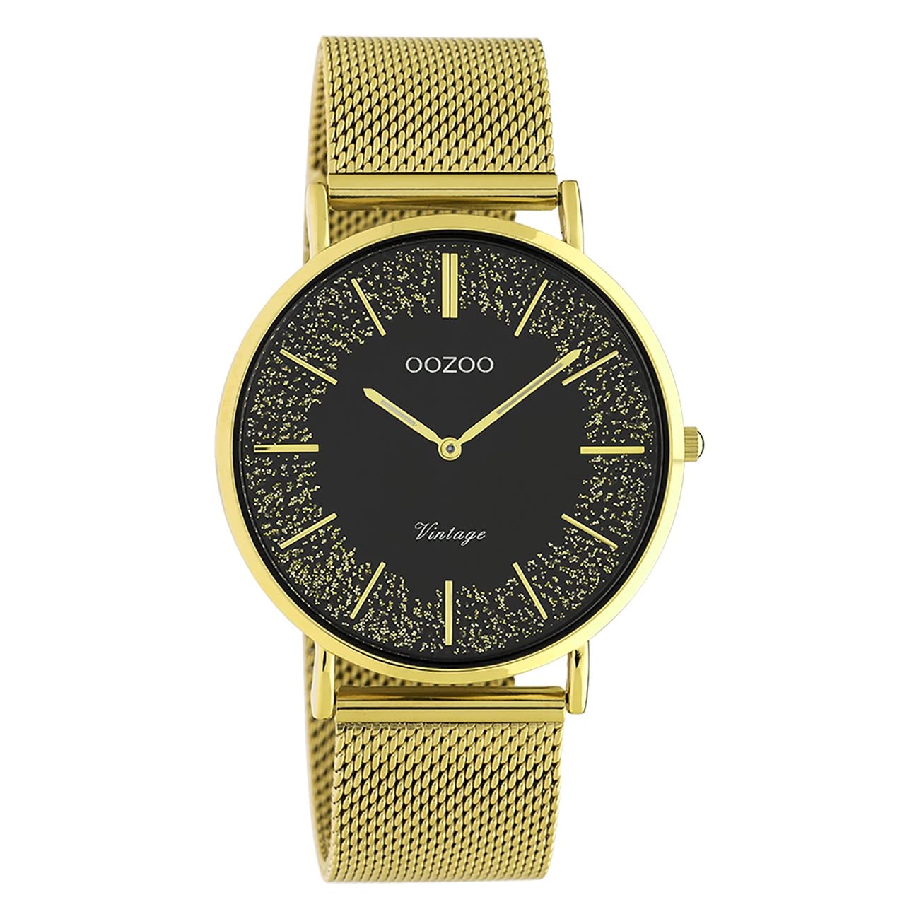 Oozoo Ladies Vintage Flat Watch with Stainless Steel Milanese Metal Strap with Glitter Dial 40mm, c20137 Gold/Black/Gold, groß, Bracelet