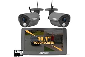 Defender Phoenix HD Wireless Security Camera System with 10.1” Touchscreen Monitor, 2 HD Outdoor Security Cameras, no Wi-Fi Required, upto 1000ft, two Way Talk, includes 128GB SD Card, 2 Year Warranty