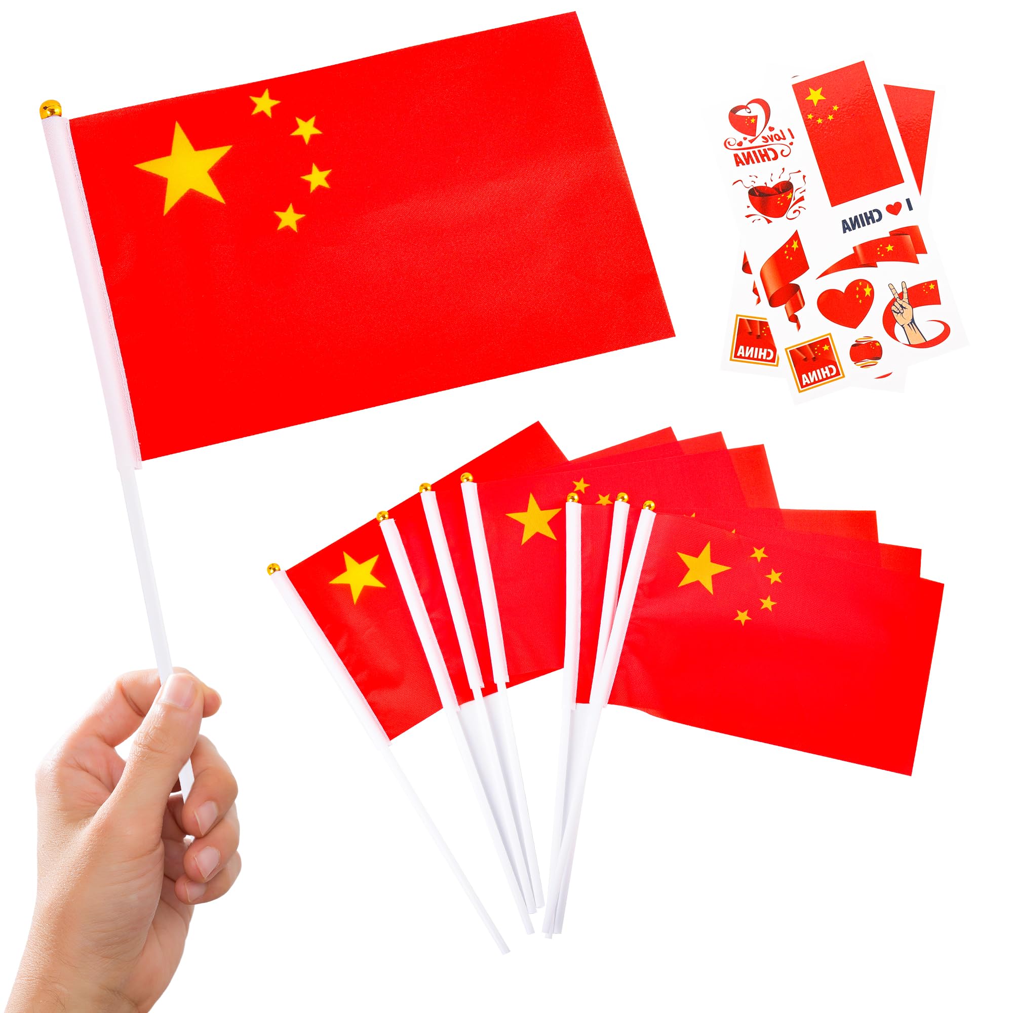 10pcs Small Flags on Sticks & 2pcs Tattoos, Mini China Flags for Oly Games 2024 Football Sports Events National Day Party Decorations — image 1