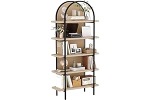 Yusong Bookshelf Rattan Arched Bookcase, 74" Tall Industrial Open Book Shelves for Living Room, Modern Freestanding Boho 5 Ti