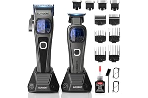 SUPRENT Professional Hair Clippers for Men - Cordless Barber Clippers & Zero-gapped Trimmer Set, Haircutting Kit with 10000 RPM Motor Speed, Blue Titanium-Coated Blades, Charging Stands (Gray)