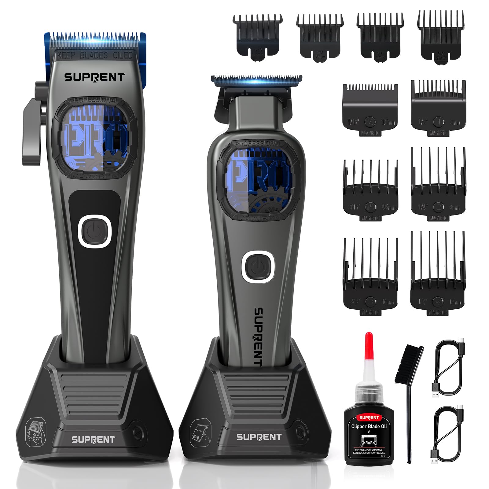 Photo 1 of SUPRENT Professional Hair Clippers for Men - Cordless Barber Clippers & Zero-gapped Trimmer Set, Haircutting Kit with 10000 RPM Motor Speed, Blue Titanium-Coated Blades, Charging Stands (Gray)