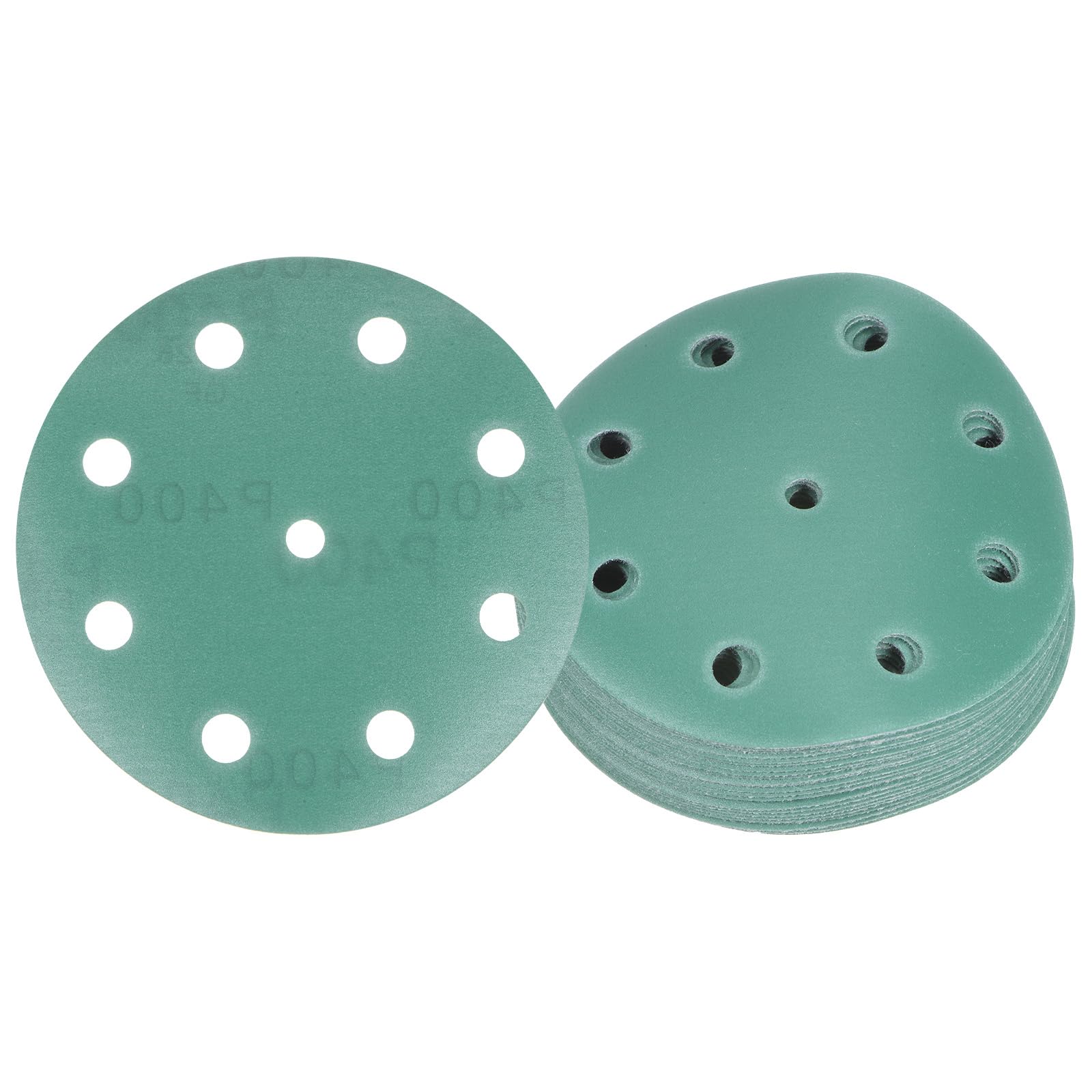 Kozelo 25pcs Green Film Sanding Discs - [5 Inch 400 Grits 9 Hole ] Round Aluminum Oxide Hook & Loop Wet Dry Sander Pads for Wood Metal Polishing Use| Zirconium Corundum Sandpaper
