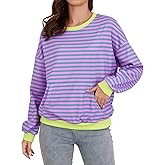 YATHON Womens Striped Sweatshirt Casual Long Sleeve Color Block Crew Neck Loose Pull Over Y2K Fall Tops with Pockets