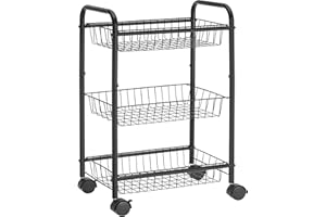 SONGMICS 3-Tier Metal Rolling Cart on Wheels with Baskets, Lockable Utility Trolley with Handles for Kitchen Bathroom Closet,