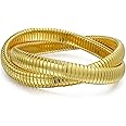 Omega Snake Cobra Wide Bangle Twisted Bracelet Bands Set Interlocking Flexible Stretch Bracelets for Women Silver Gunmetal Rose Yellow Gold Plated Stainless Steel Fits 8 to 8.5 inches Wrist