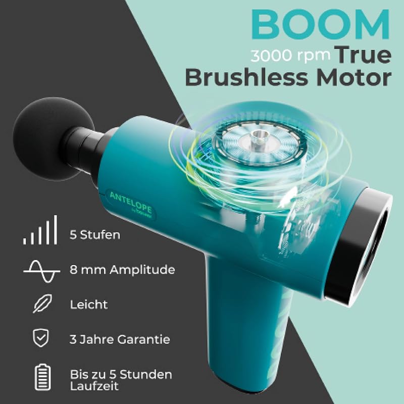 Antelope BOOM Massagepistole, kompakte Massage Gun mit 4 Aufsätzen, für Entspannung und Regeneration, kraftvolle Triggerpunktmassage, Muskelmassagegerät mit 5 Intensitätsstufen & Akku