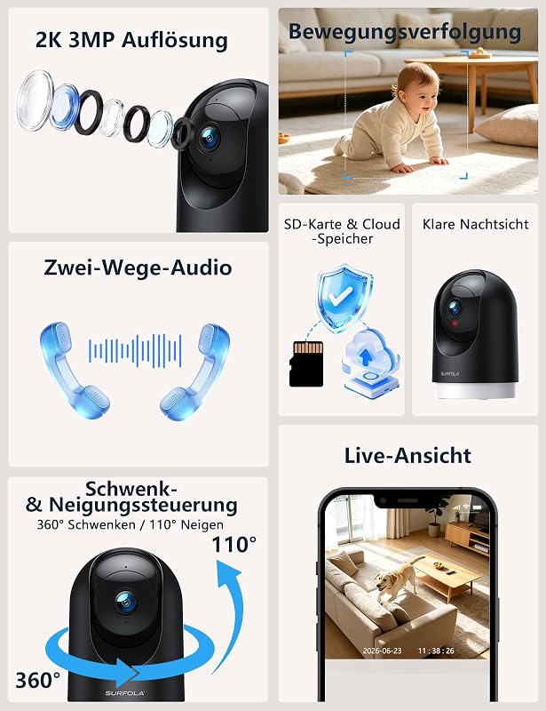 Überwachungskamera Innen 2K, WLAN Kamera Innen mit 360° PTZ, Auto-Tracking & Nachtsicht, Hundekamera mit 2-Wege-Audio, Kompatibel mit Alexa & Google Home