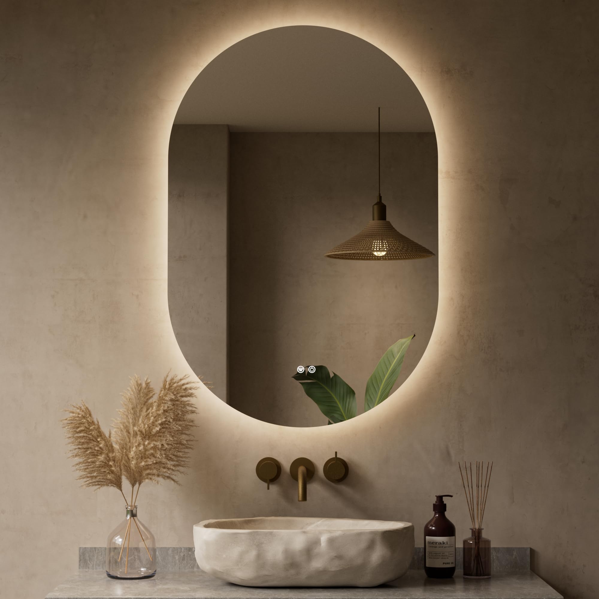 Photo 1 of Keonjinn 24 x 36 Inch Oval LED Mirror with Backlit, Pill-Shaped Backlit Mirror Bathroom with HD Tempered Glass, UL-Listed Driver, 3000K/4500K/6500K, Defogging, Lighted Mirrors for Bathroom Wall