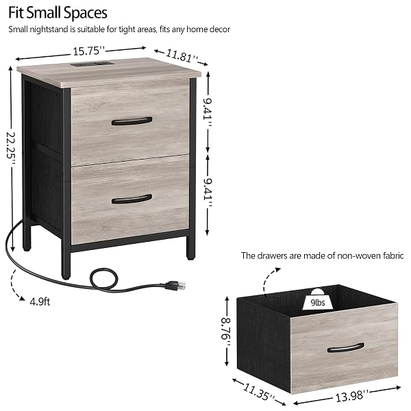 VAGUSICC NIGHTSTAND WITH CHARGING STATION, BEDSIDE TABLE WITH USB PORTS AND OUTLET, END TABLE SIDE TABLE WITH 2 FABRIC DRAWERS FOR BEDROOM, LIVING ROOM, GREIGE