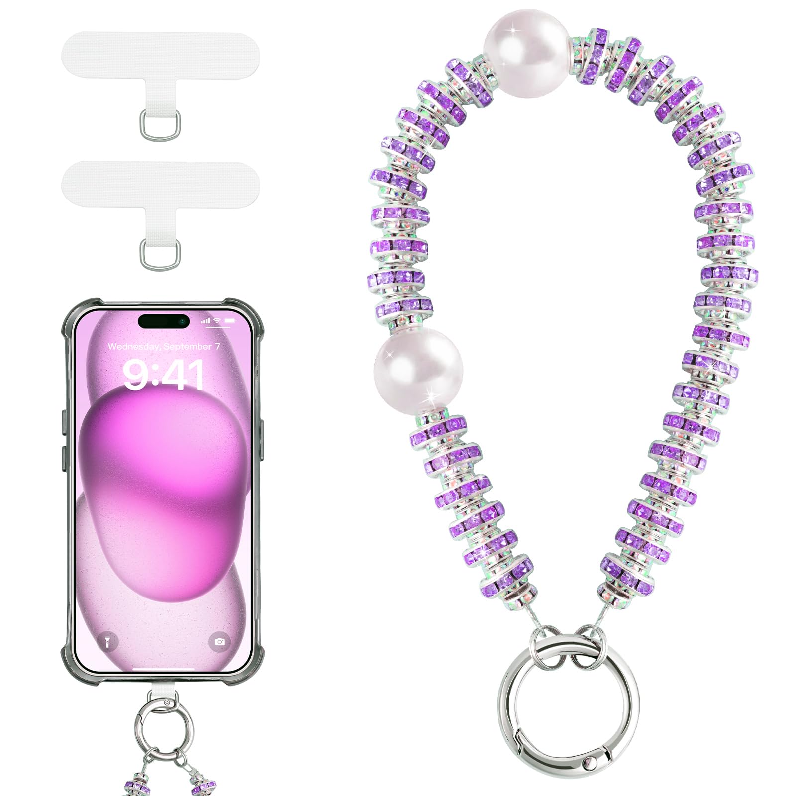 TiMOVO Phone Lanyard Wrist Strap for Phone Case, Lightweight Phone Wristlet with Decorational Pearl & Tether Tab Support Charging, Phone Charm Bracelet Strap for Women, Purple