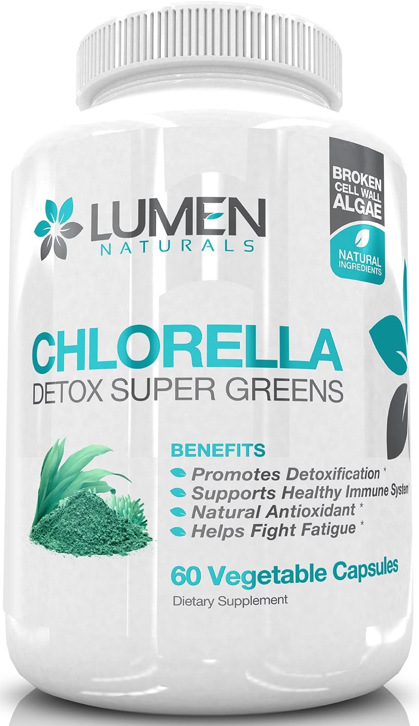 Chlorella - Powerful Detox Super Greens - Naturally Boosts Immune System - Rich Source of Healthy Chlorophyll, Protein, Vitamins, and Minerals - 60 Vegetable Capsules