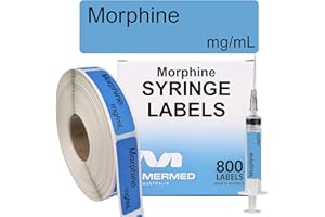 MERMED Morphine Anesthetic Syringe Labels - Box of 800 Labels on Roll (1" core). 12mm x 40mm (Approx 0.5" x 1.5"). Latex-Free Permanent Adhesive. Printed in Australia by Specialist Medical Printer