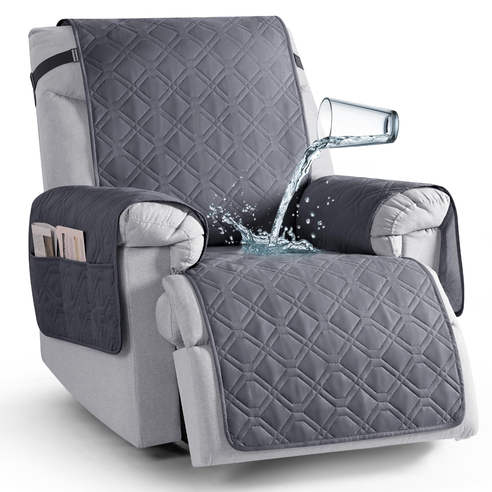 TAOCOCO Recliner Slipcovers,1 Seater Recliner Covers,Waterproof Recliner Sofa Protector,Armchair Covers with Pockets,Non Slip Reclining Sofa Covers,Arm Chair Covers for Dogs/Kids/Pets(28", Dark Grey)