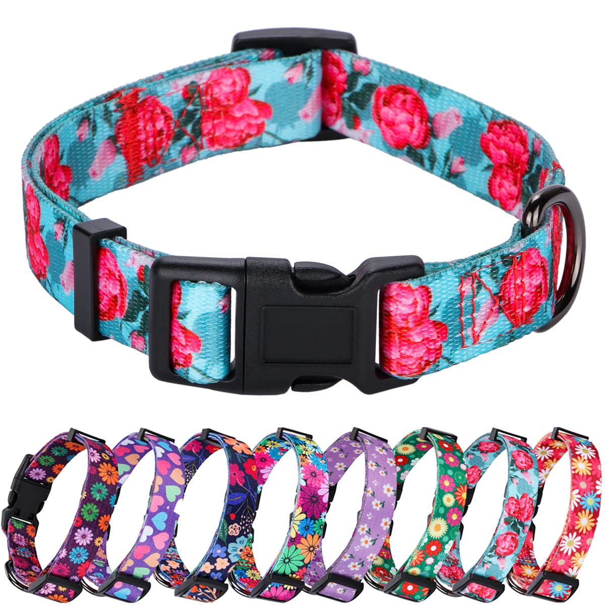 Photo 1 of Rhea Rose Girl Dog Collars Summer Floral Rose Print, Female Flower Collar, Turquoise, Large