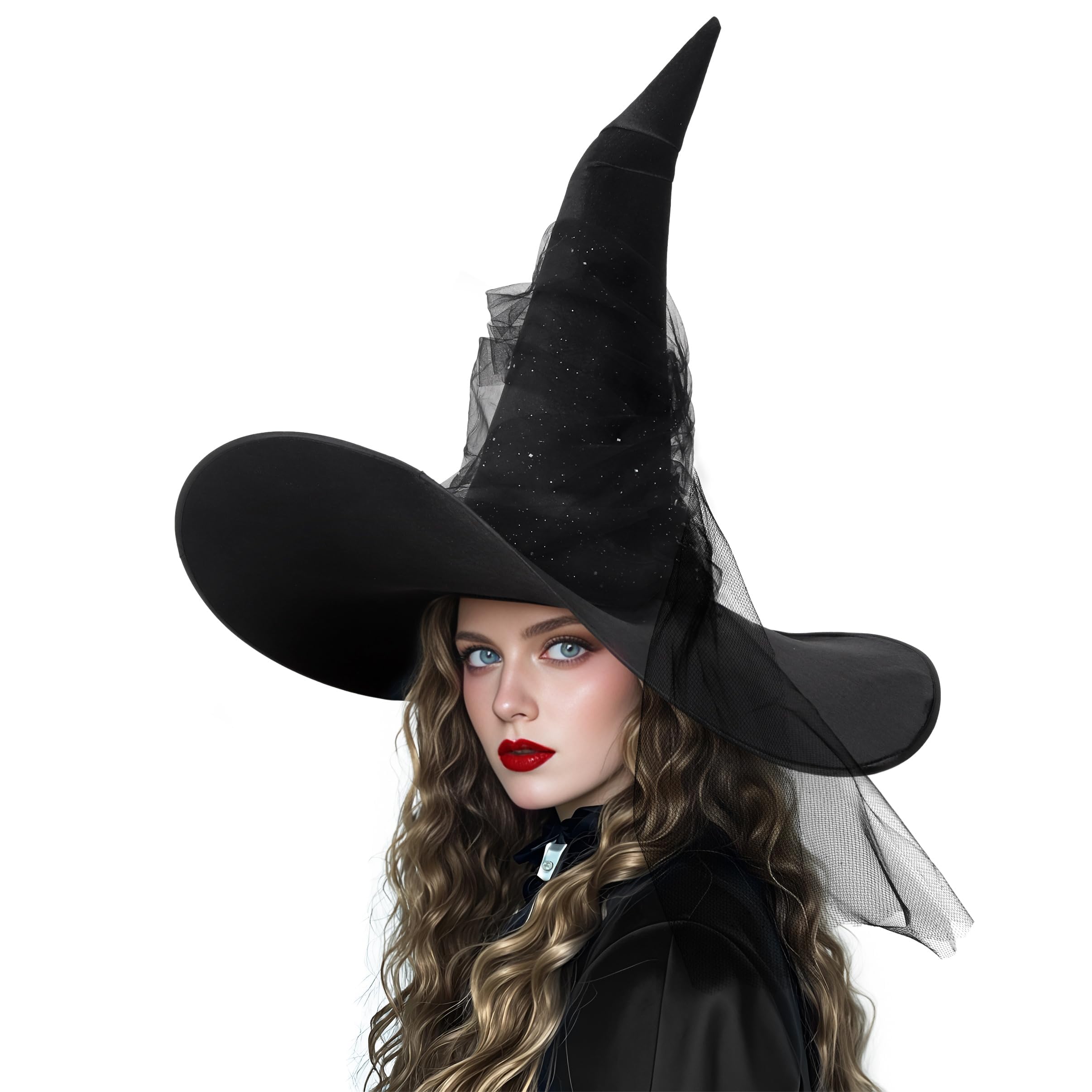 Photo 1 of JEGERMIG DIY Women's Black Witch Hat – Wide Brim Gothic Halloween Costume Accessory for Masquerade Cosplay party