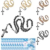Cunno 6 Sets Wooden Rosary Beads Necklace Bulk for Men Women Catholic Rosarios Crucifix Necklace Religious Wood Cross Prayer Beads Christian Gift Baptism Favors First Communion Gift