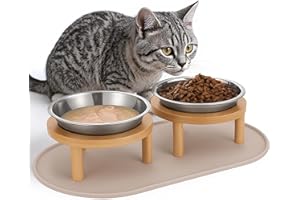 SUMMARK Elevated Cat Bowls with Food Mat,6.3 Inches Shallow Raised Bowls Whisker Friendly,2 Stainless Steel Cat Food and Water Dishes for Cats and Puppies,Dishwasher Safe