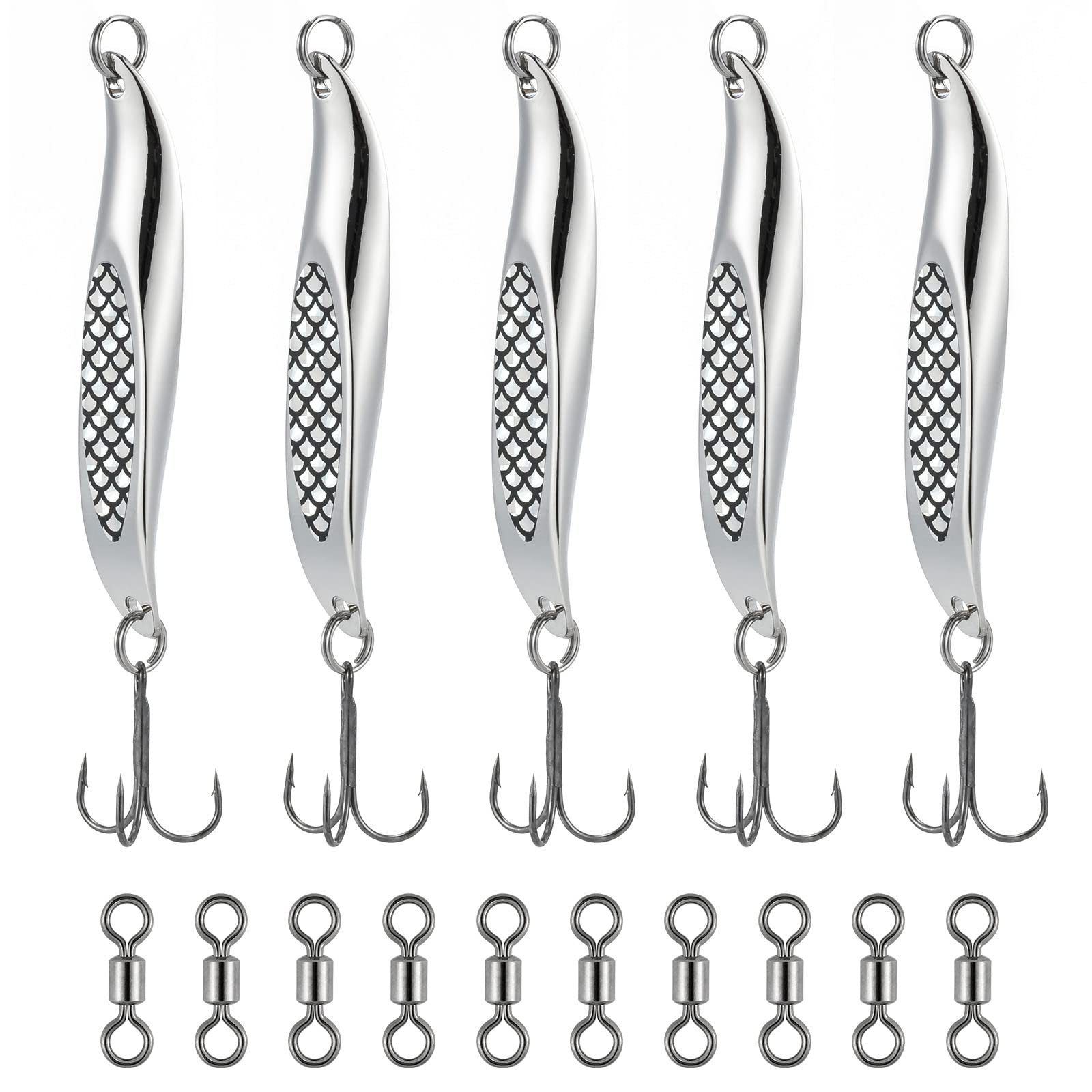 Dr.Fish 5pcs Sea Fishing Lures Dexter Wedge Lures Metal Jigs Spoon Treble Hook Rig Swivels Trolling Bass Trout Mackerel Silver 7.5cm 28g