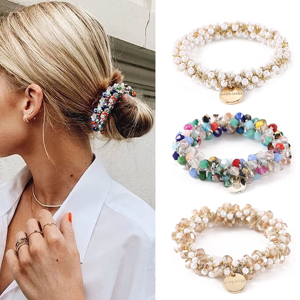 Runmi Hair Ties 3 Pcs Pearl Hair Scrunchies Elastic Stretchy Hair Bands Hair Accessories for Women and Girls