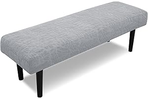 DREAHOTEXTIL Stretch Bench Covers, Bench Seat Cover, Printed Seat Protector, Washable Slipcover, Rectangle Cover for Dining Room, Living Room, Kitchen(Leaves Light Grey)