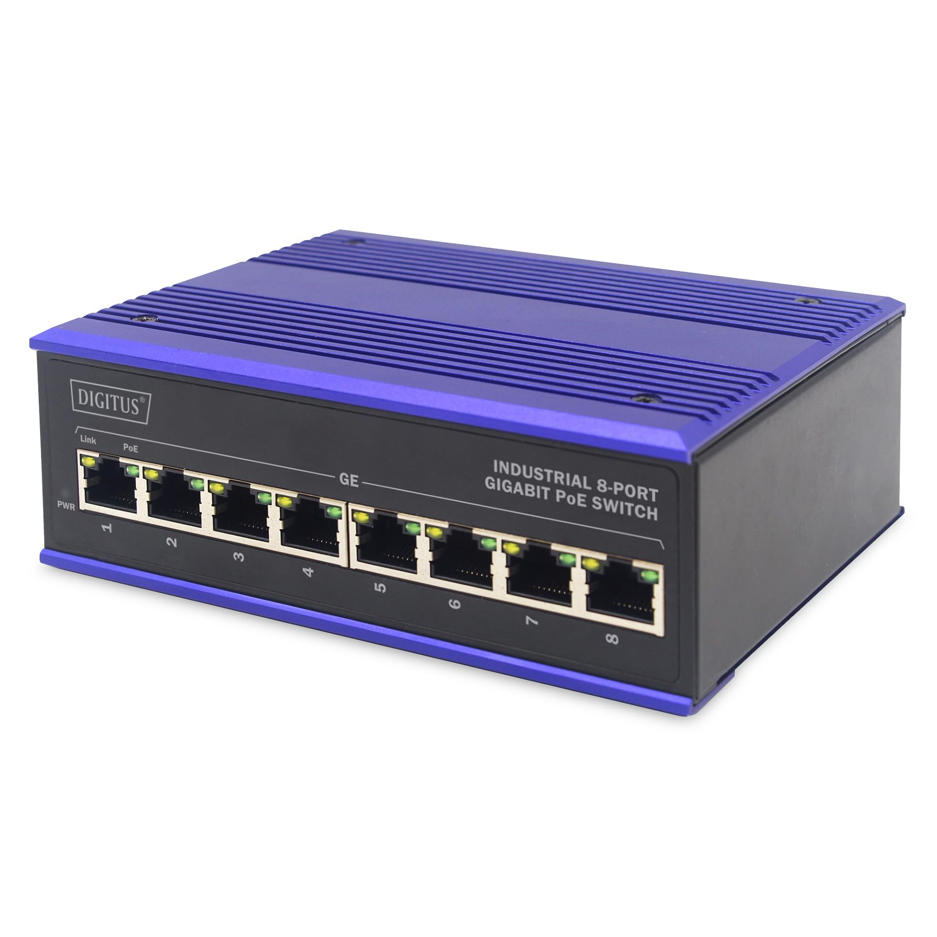DIGITUS PoE Network switch - 8-port Gigabit Ethernet - DIN rail mounting - terminal block - fanless - black/blue
