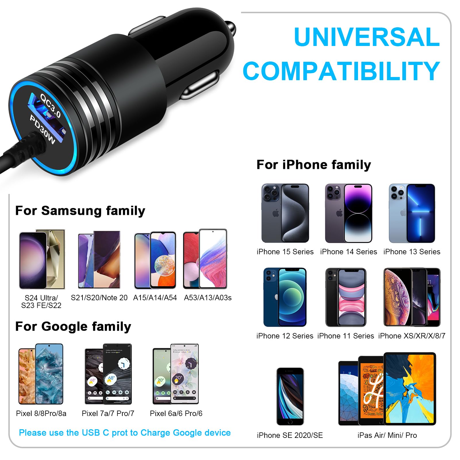 USB C Car Charger, 48W Super Fast Charging Type C Car Adapter for Samsung Galaxy S25 Ultra S24 S23 S22 S21 S20 A56 A36 A26 A16 A06, iPhone 16e 16 15 Pro Max Plus, Android Car Charger with USB C Cable