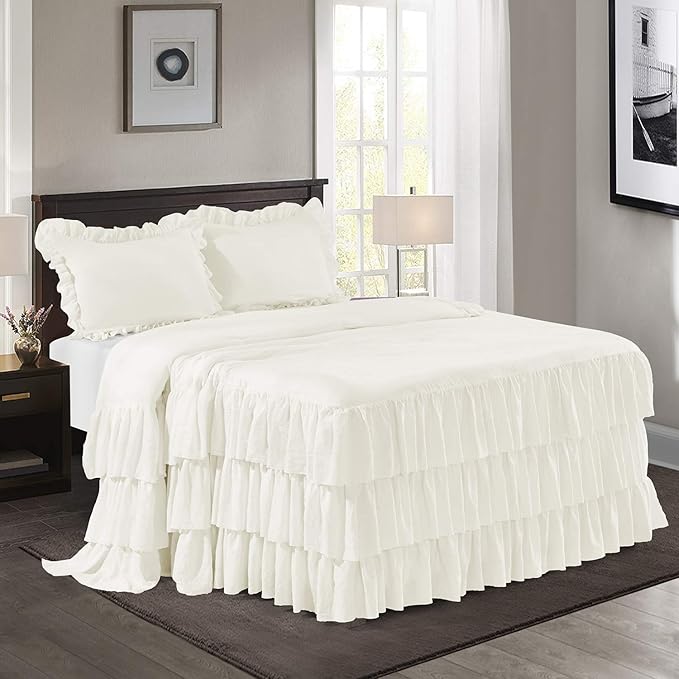 HIG 3 Piece Ruffle Skirt Bedspread Set Color 30 inches Drop Ruffled