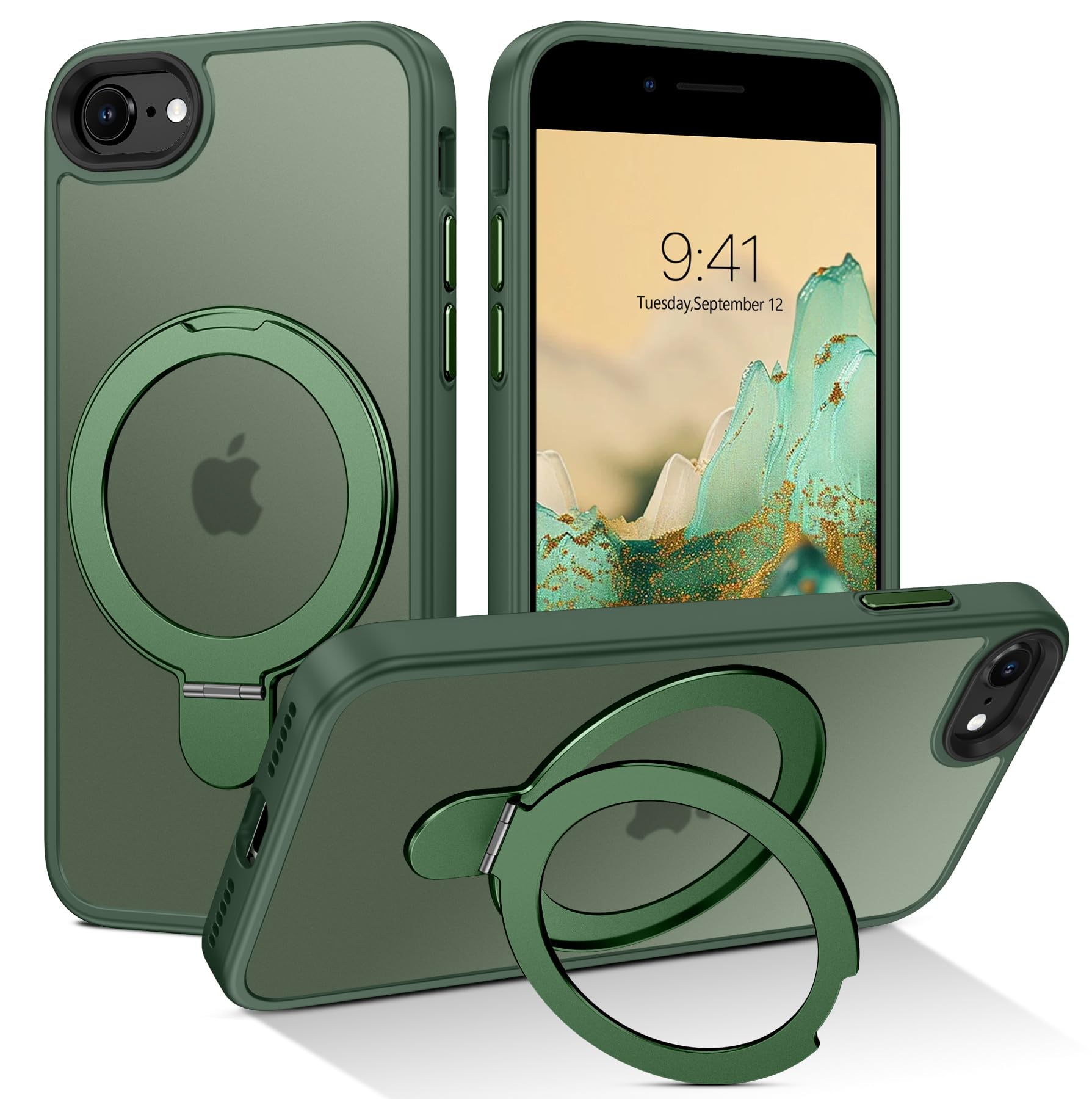 DUEDUE Magnetic Case for iPhone SE 2022/2020/3rd/2rd, iPhone 8/7 Case with Ring Holder[Compatible with Magsafe], Translucent Matte Back Cover Kickstand Phone Case for iPhone SE/8/7, Green