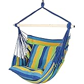 Highwild Hammock Chair Hanging Rope Swing - Max 500 Lbs - 2 Cushions Included - Steel Spreader Bar with Anti-Slip Rings - for Any Indoor or Outdoor Spaces (Blue Striped)