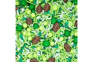 SWEETS & TREATS BOUTIQUE Football Sprinkles for Cake, Cookie, Cupcake Decorating, and Baking - Fancy Edible Cake Sprinkles and Toppings in Lime Green Jimmies, White Sugar Crystal, Brown Football Quin Sprinkles