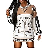 WDIRARA Women's Plus Size Jersey Shirts Number Graphic Crew Neck Long Sleeve T Shirt Streetwear Tops